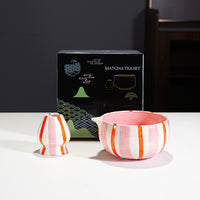 Hand-Painted Striped Ceramic Matcha Tea Set with Whisk Accessory