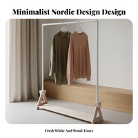 Rolling Garment Rack Nordic Design Clothes Rack with Wood Shelf Minimalist Design Standing Clothing Rail for Homeowners, Renters, Bedroom, Entryway