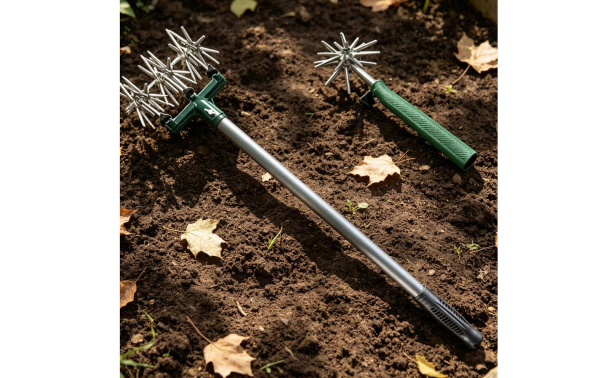 Rust-Proof Manual Rotary Tiller Long Handle Soil Loosener Toothed Wheel Cultivator for Gardeners, Homeowners, Garden, Vegetable Plot, Flower Bed