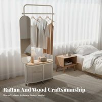 French Cream Design Rolling Coat Tree with Storage Bin Woven Basket Design Rolling Clothes Rack with Storage Space-Saving Garment Stand High Load Capacity for Apartment Dwellers, Families, Homeowners, Entryway, Bedroom, Hallway, Living Room