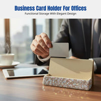 Crystal Sparkle Stone Business Card Holder, Elegant Desk Organizer, Office Decor, Alabaster Coral Navy