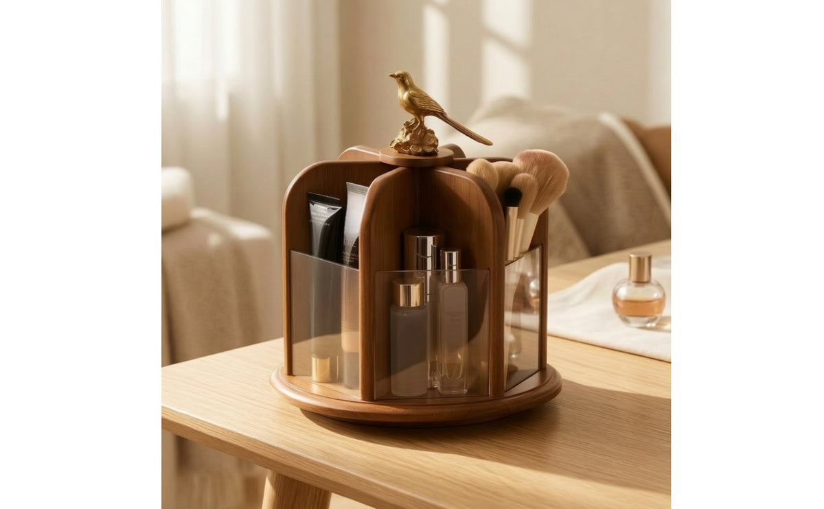 Rotating Cosmetic Display Case Wooden Cosmetic Display Case with Bird Ornament Multi-Compartment Rotating Organizer with Clear Panels