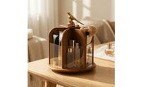 Rotating Cosmetic Display Case Wooden Cosmetic Display Case with Bird Ornament Multi-Compartment Rotating Organizer with Clear Panels