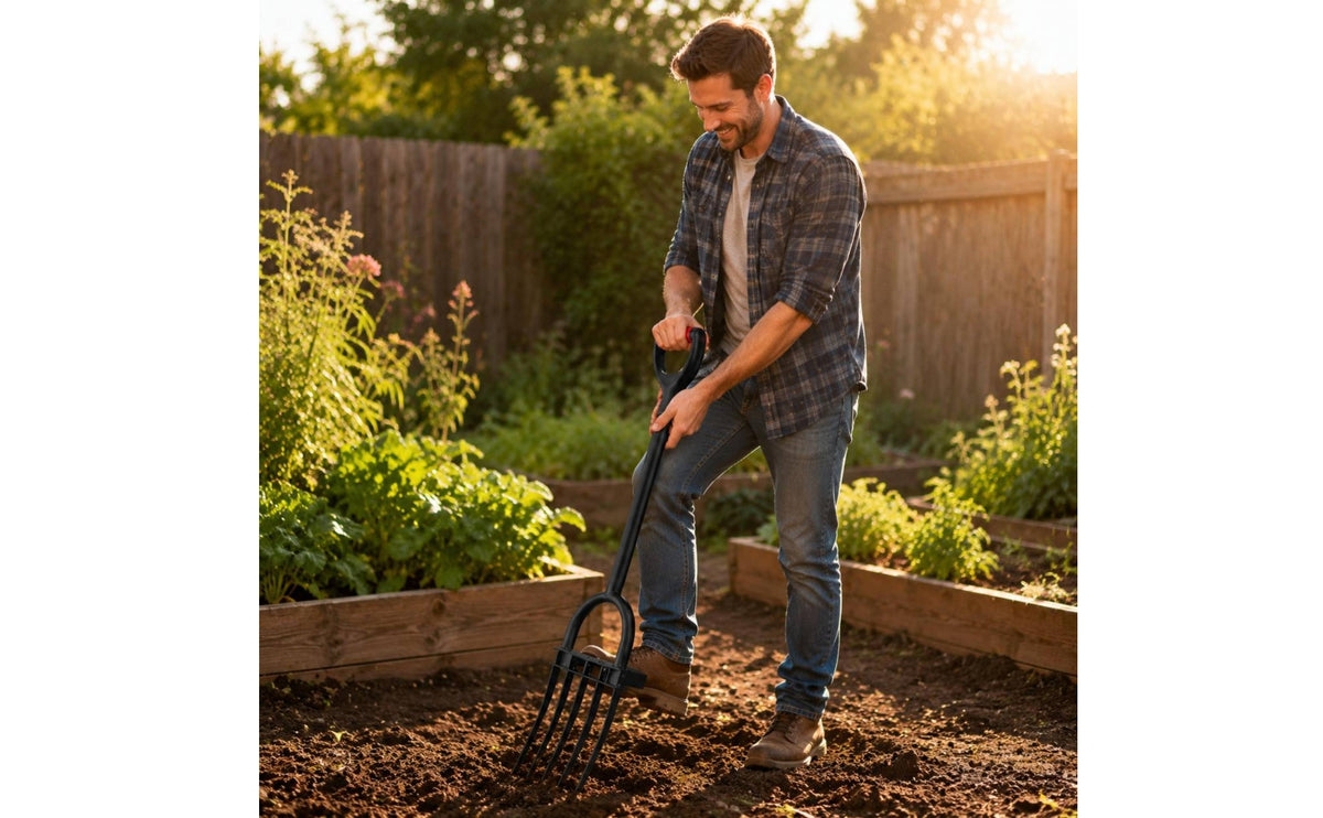 Manganese Steel Deep Tiller Tool Curved Tines Long Handled Digging Fork Reinforced Welded Frame Heavy Duty Garden Digging Implement Red Grip Handle
