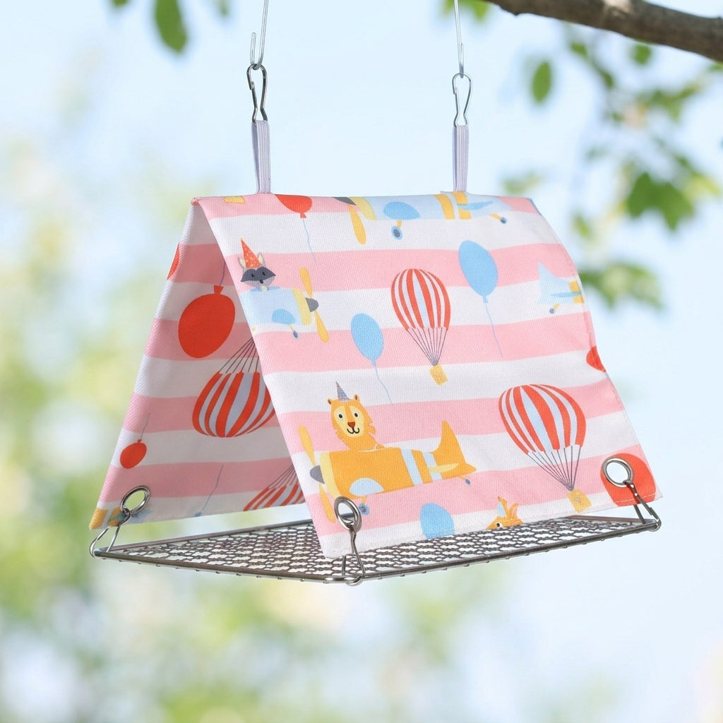 Triangular Bird Cage Hammock with Bottom, Breathable Polyester Summer Nest for Parakeets, Stable Cartoon Balloon Pattern Design