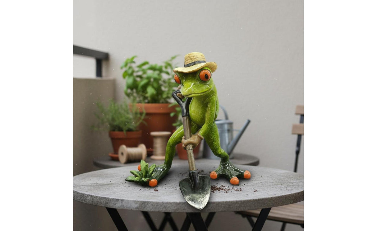 Frog Statue with Shovel Handmade Craft Frog on Shovel Sculpture Yard Art Hand-Painted Outdoor Decor Easy to Install for Desktop