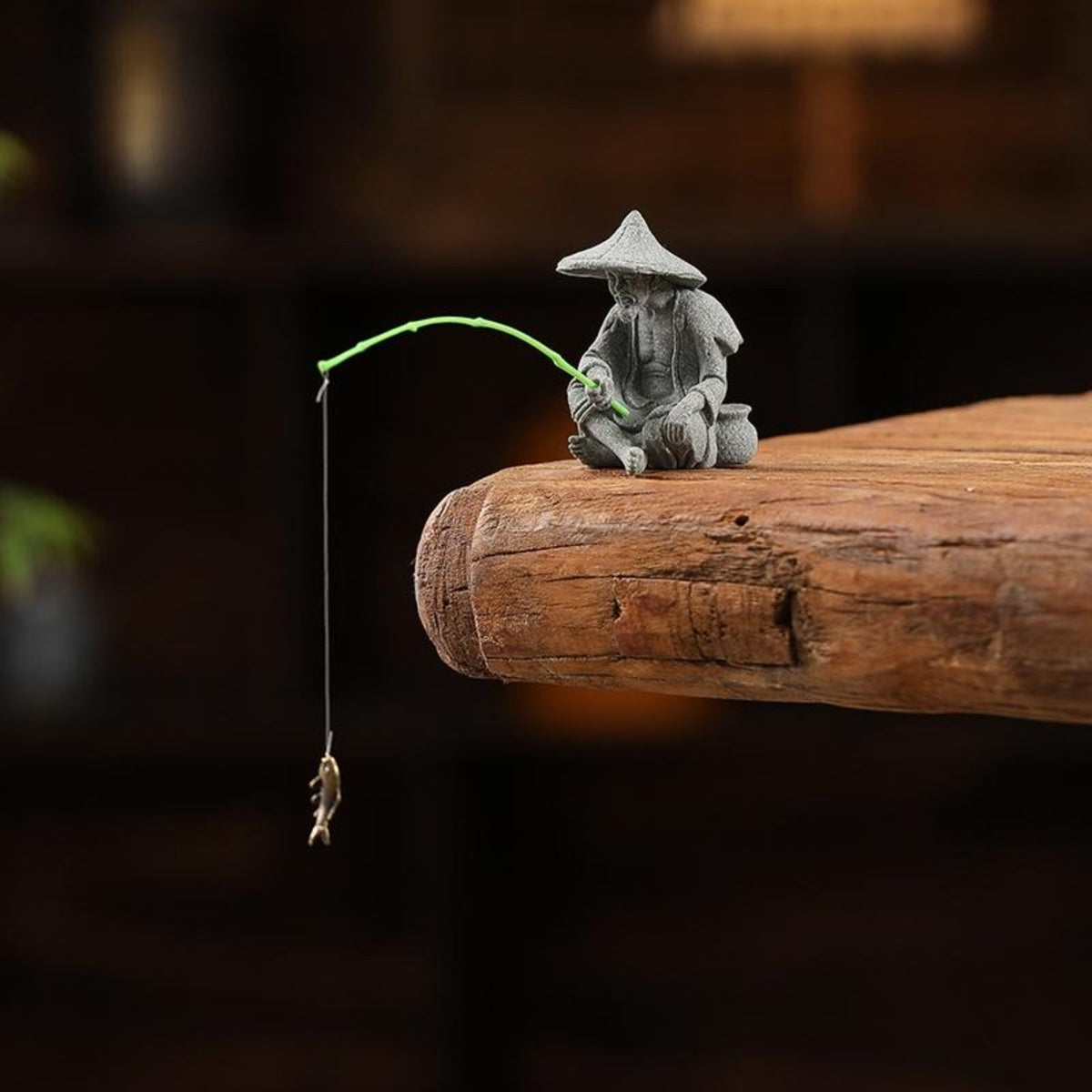 Qing Stone Fishing Old Man Figurine Desktop Decor