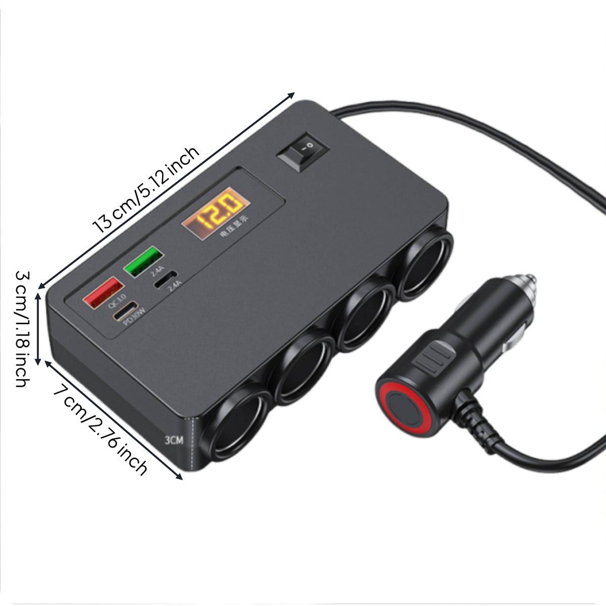 Digital Expansion Socket Compatible Car Charger with Volt Meter Safe Multi-Port Charging Hub Matte for Rideshare Drivers, Cars