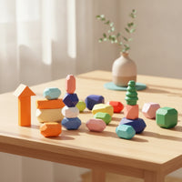 28 Pieces Wooden Stacking Rocks Faceted Wooden Balancing Stones Stacking Stones Smooth Toy Geometric for Toddlers, Playroom
