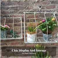 Wrought Iron Wall Planter Decorative Scrollwork Fake Window Plant Shelf Metal Wall Mounted Flower Rack Distressed Finish