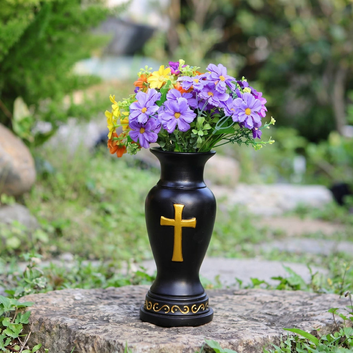 Cross Vase Resin Grave Vase Stone-Look Finish for Cemetery, Patio