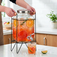 Water Dispenser with Metal Stand, Thickened Glass Jar Drink Dispenser for Iced Tea, Single Layer Glass Beverage Bar Server with Stainless Spigot