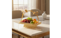Light Luxury European Design Pedestal Fruit Dish Elegant & Modern Ornate Fruit Basket with Handle Versatile Multi-Use Gold Metal and Ceramic Serving Tray Great Gift Idea for Housewarming, Living Room, Dining Table, Party