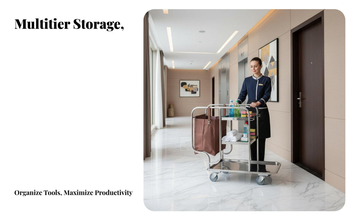 Three-Tier Janitorial Pushtrolley with Side Bag Quiet Casters Housekeeping Trolley Easy Maneuverability Maintenance Trolley for Janitors, Hotels