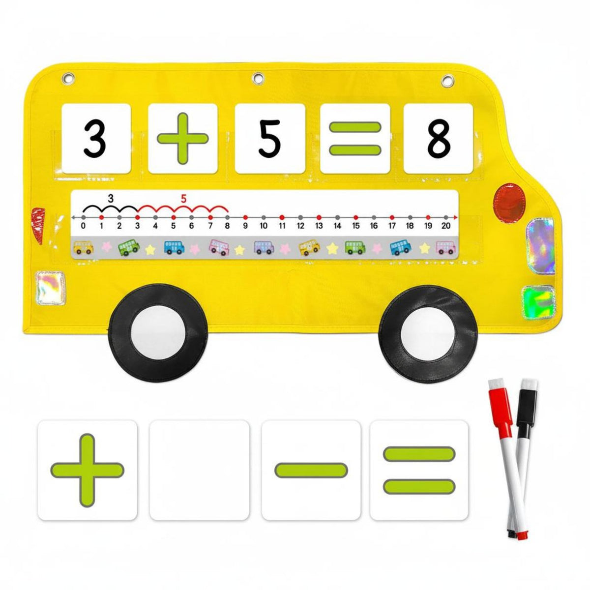 Bus Mathematical Ruler Chart Interactive Addition Subtraction Pocket Chart Hanging Design School Bus Math Toy for Teachers, Kids, Classroom