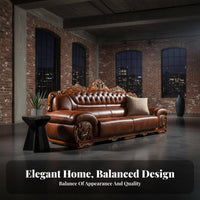 3-Seater Couch European design Carved Frame Three-Seater Genuine Leather Sofa for Homeowners, Apartment Dwellers, Lounge Area, Bedroom, Office