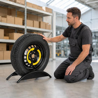 Black Metal Upright Tire Display Rack Cylindrical Arms Single Tire Holder Welded Frame Garage Storage Polished Finish for Showroom