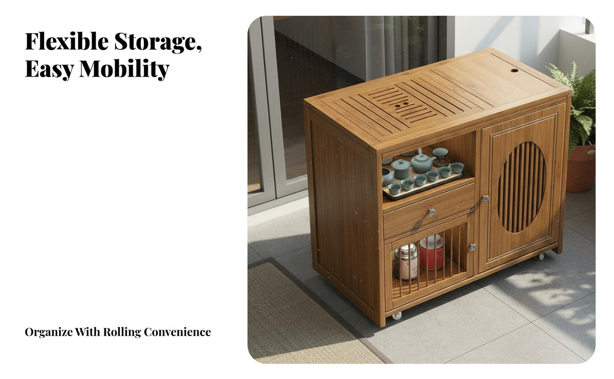 Chinese Design Mobile Tea Brewing Cabinet Automatic Water Boiler 2-Tier Rolling Cart Large Capacity Storage Household Furniture 360° Rotation for Hosts, Homeowners, Adults, Living Room, Balcony, Kitchen, Parties
