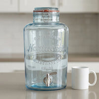 Glass Beverage Dispenser with Stainless Steel Tap and Wood Stand, Nordic Design Glass Beverage Server with Handle for Cold Refreshment Party Events