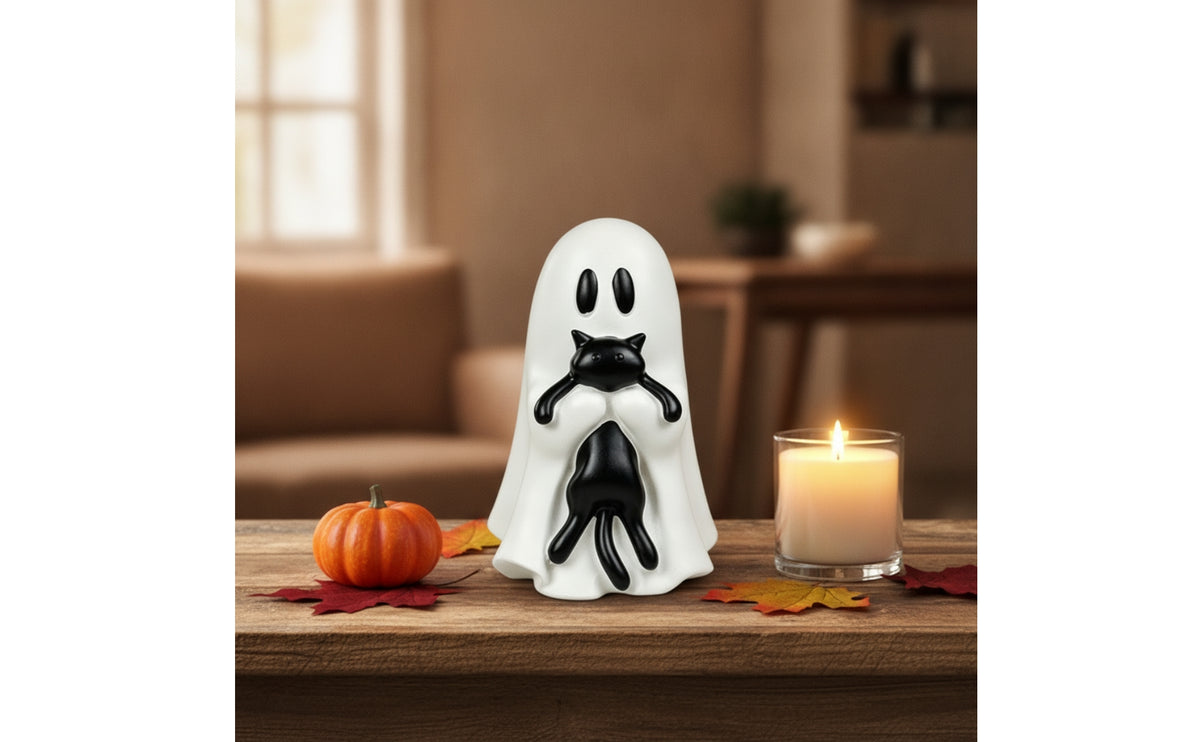 Spooky Ghost Figurine with Black Cat Tabletop Ghost and Black Cat Figurine Cute Halloween Ornament Seasonal for Goth Decor Lovers