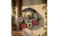 Floral Butterfly Wall Plaque Iron Crafted Metal Welcome Wall Decor 3D Layered Floral Butterfly Sign for Patio