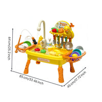 Detachable Legs Duck Theme Sink Playset Dish Rack Toy Dishwashing Sink Hanging Utensil Hooks Electric Faucet Toy Storage Baskets for Children