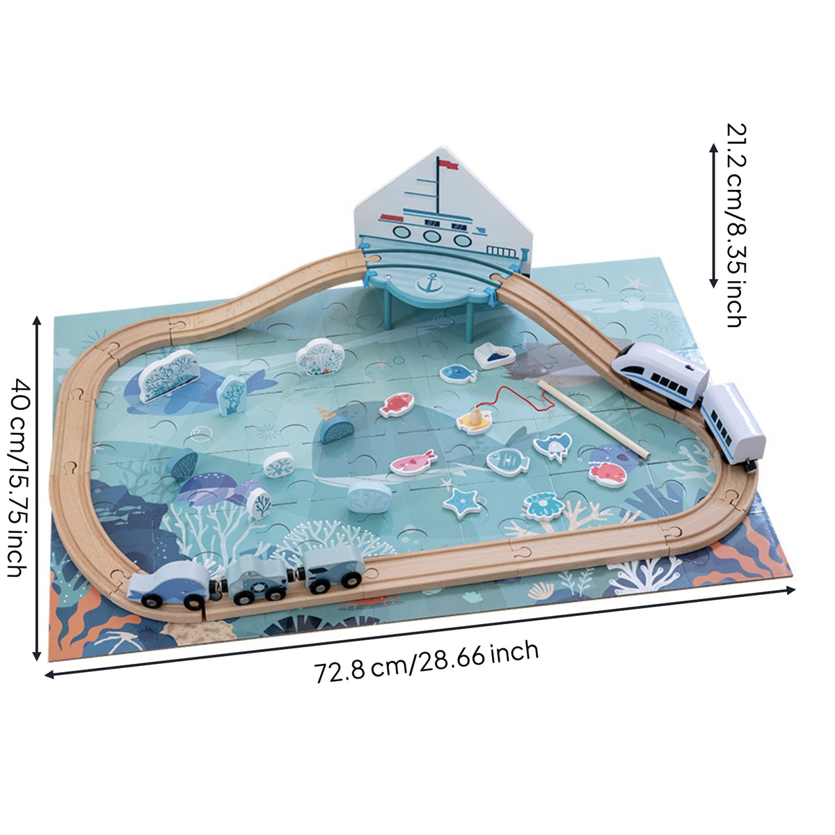 Sea-Life Ocean Track Toy Underwater Graphics Fishing Puzzle Playset Blue and Teal Wooden Train Track Set Modular Pieces for Kids