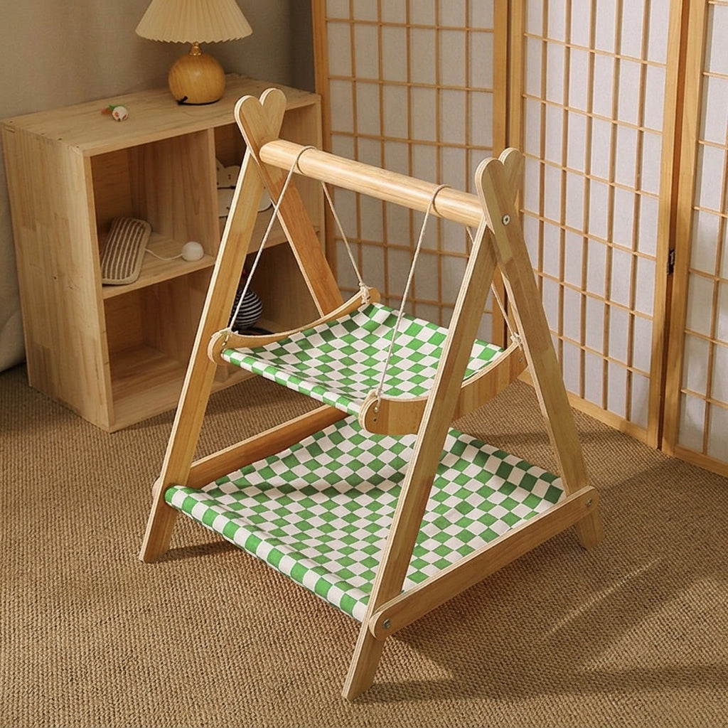 Cat Hammock and Wooden Cat Bed Swing, Double-Layer Wood Frame Hanging Lounger for Indoor Cats, Cute Furniture for Living Room Resting Place
