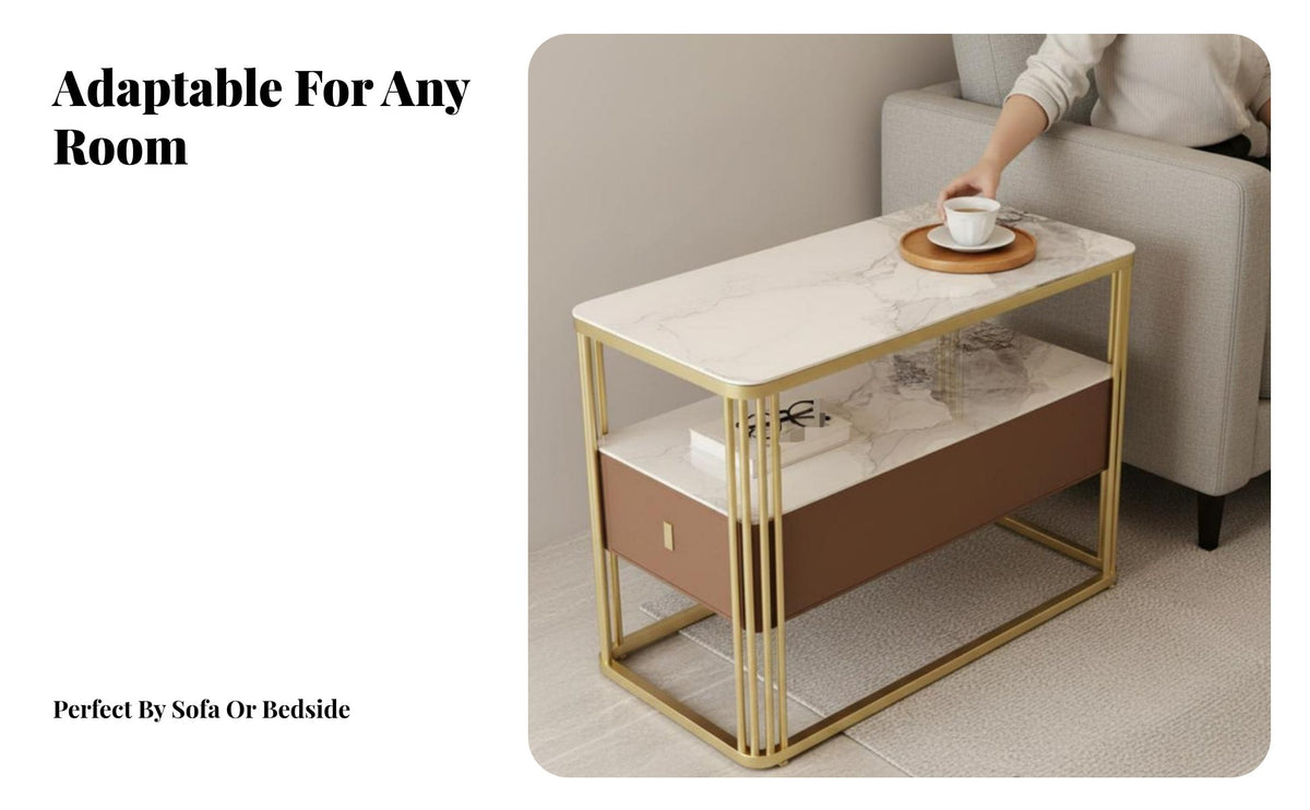 Nightstand with Drawer and Shelf Sintered Stone Top Nightstand with Drawers Modern Design Side Cabinet for Students, Adults, Bedroom, Hallway, Nursery