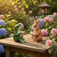 2 Pieces Two-Piece Frog and Rabbit Reading Figurines Ajar Book Frog Figurine Sitting Rabbit Figurine Indoor Outdoor for Living Room Shelf, Table, Balcony