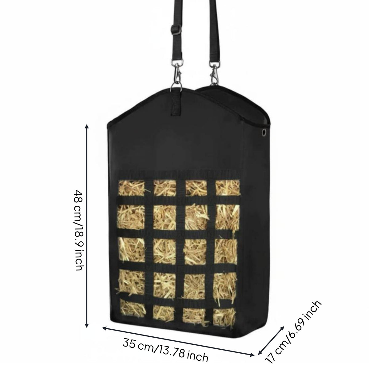 Easy to Hang Horse Hay Bag Metal Hooks Hanging Hay Bag Reinforced Stitching for Stable, Barn, Farm