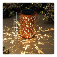 Hollow-out Metal Lantern Automatic On Off Solar Projection Lantern Portable Handle Outdoor Lighting for Camping