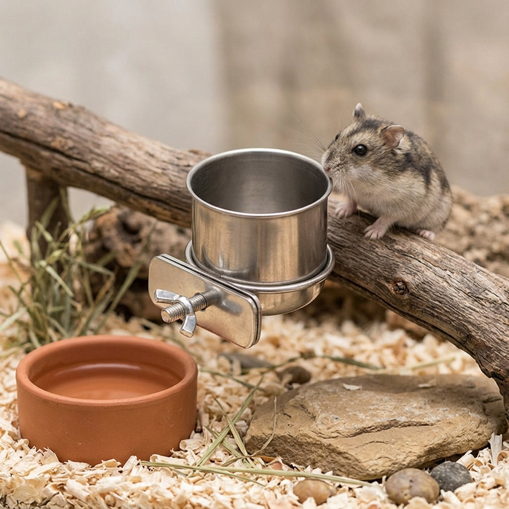 Bird Feeder Cup with Fastener, Stainless Steel Single Clasp Bowl Feeding Dish, Rolled Edge Steel Bowl for Budgie and Cockatiel Hanging Parrot Feeder