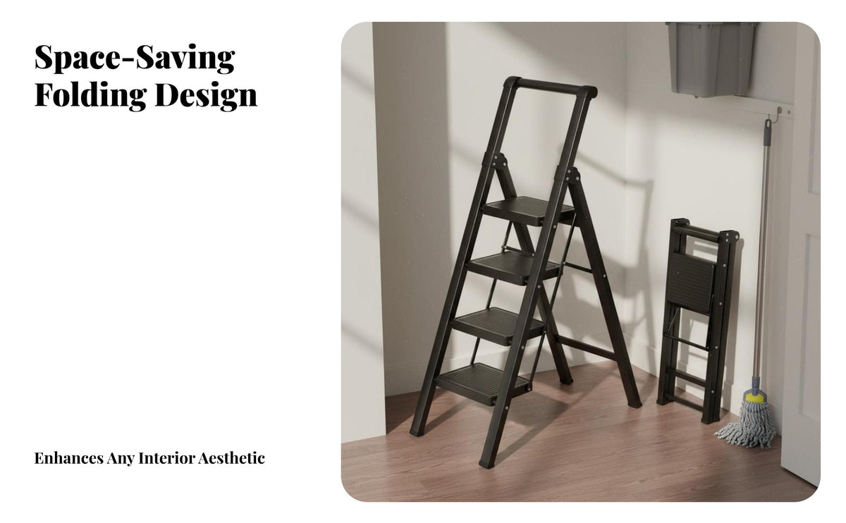 Foldable Design Folding Step Ladder Space-Saving Portable Step Ladder Wide Steps Heavy Duty for Homeowners, DIY Enthusiasts, Seniors, Indoor, Kitchen, Office, Garage