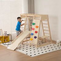 Climbing Play Structure with Slide Wood Wooden Climbing Frame with Swing Multifunctional Indoor Playground with Slide for Living Room, Nursery