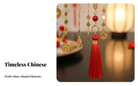 God of Wealth Hair Crown Dangling Coins Chinese New Year Hair Crown Set Red Tassel Decorative Puff Headdress for Event S