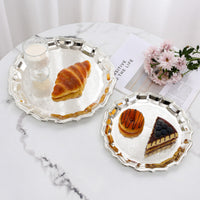 Silver-Toned Serving Plate with Scalloped Rim Reflective Embossed Serving Tray for Parties