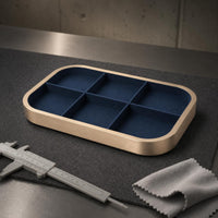 Gold-Tone Rectangular Jewelry Tray Aluminum Alloy Microfiber-Lined Jewelry Tray Dark Blue Lining Accessory Organizer Rounded Corners