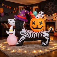 Skeleton Dog Inflatable Lovely Inflatable Dog with Witch Hat Weather-Resistant Yard Decoration for Lawn