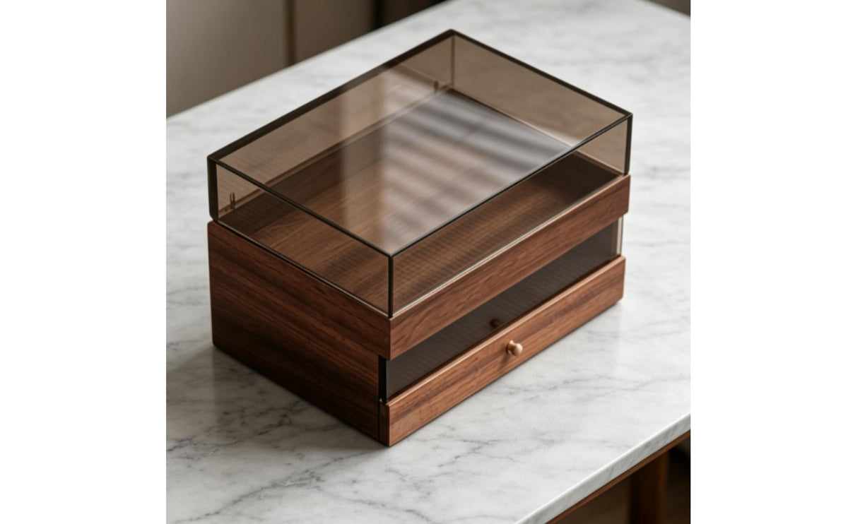 Organizer with Glass Top Compartment Compact Desktop Organizer Drawer Cabinet with Transparent Lid for Collectors, Dresser, Tea Table