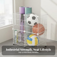 With Wheels Exercise Mat and Ball Storage Rack Multi-Functional Exercise Mat Holder Space Saving Wire Mesh Storage Basket Slim Design for Laundry Room, Playroom