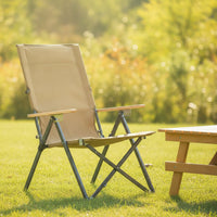 Folding Lounge Chair with Wooden Armrests Foldable Outdoor Recliner Metal Frame Weather-Resistant Patio Chair with Armrests for Backyard