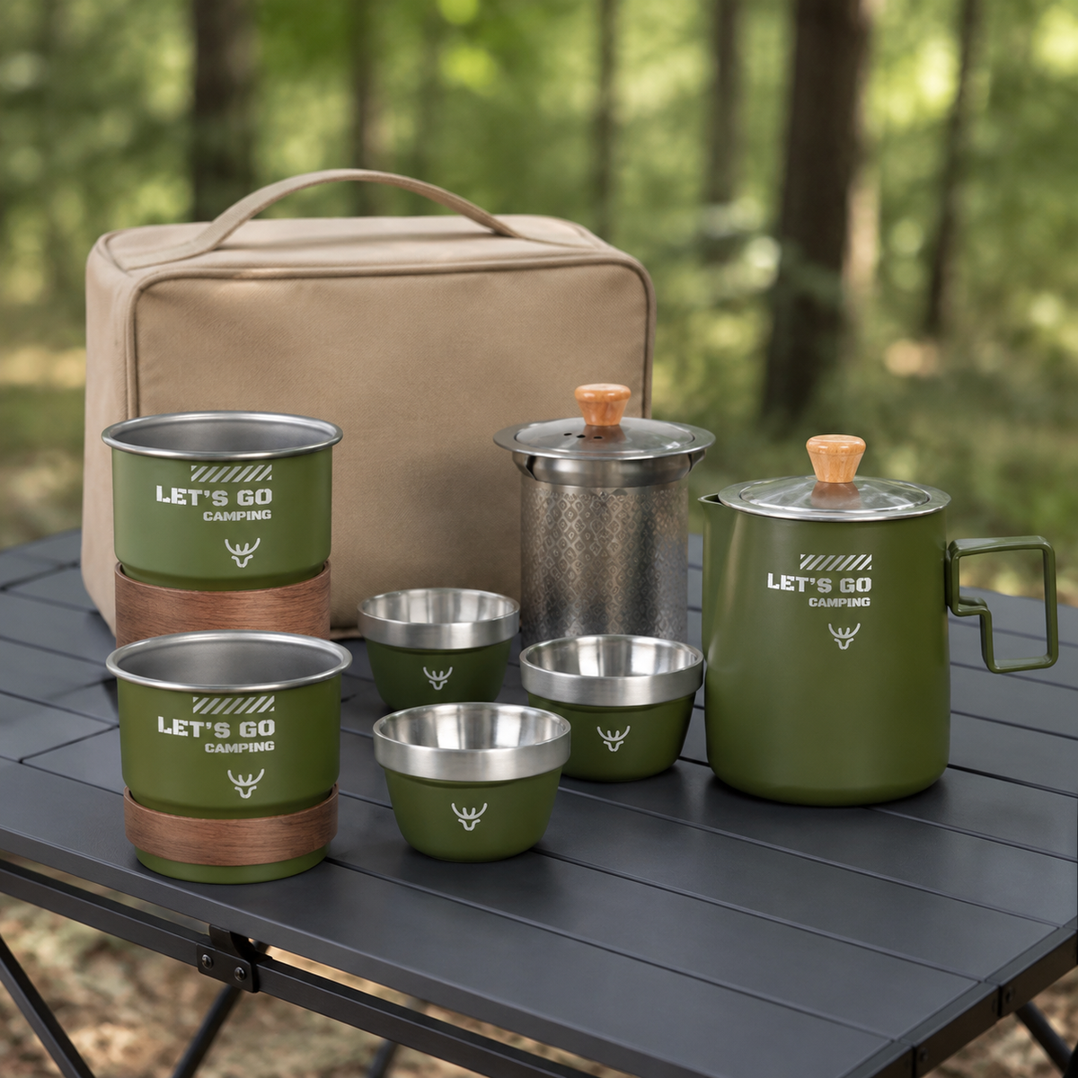Camping Tea Set, heat-resistant teapot set made of 304, portable with double-wall anti-scald cups, for festivals & hikers