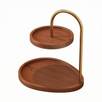 Wood-Grain 2 Tier Storage Rack Gold-Toned Two-Tier Storage Rack Curved Metal Tabletop Display Stand Raised Rim for Dresser, Entryway
