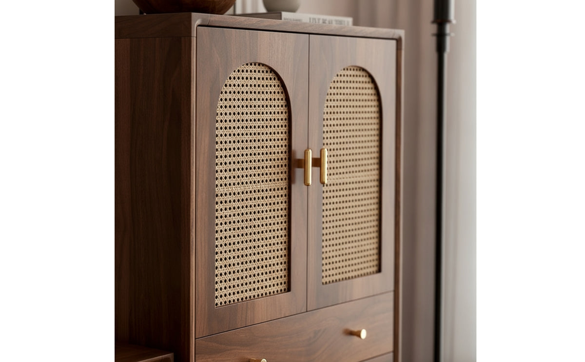 Vintage Cane Door Cabinet Multifunctional Console Cabinet Mid-Century Freestanding Cupboard Sturdy for Small Areas