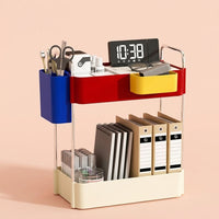 Desk Storage Organizer with Drawers and Phone Stand, Desktop Slanted Insert Compartments, Small Unit for Office Stationery