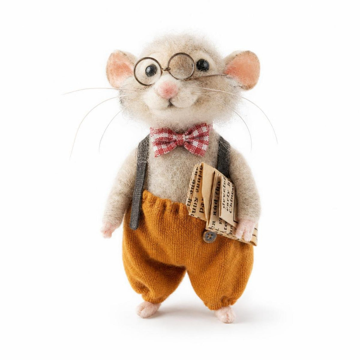 Handmade Felt Mice with Glasses Cute Crafted Collectible Animal Doll for Collectors, Shelf Decor, Desk Display, Photo Props