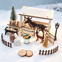 Dollhouse Christmas Elf and Reindeer Set, BJD Miniature Wooden Stable Barn Farm Scene Props
