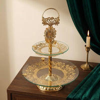 Ornate Two-Tier Fruit Tray Decorative Fruit Tray with Stand Metal 2-Tier Dessert Stand Space-Saving for Hosts