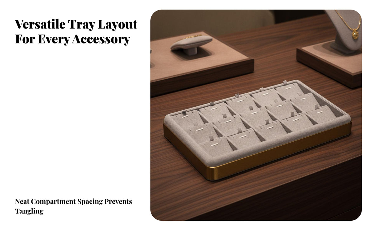 Sturdy Jewelry Display Tray | Low-Profile Shallow Design, Gold-Toned Outer Frame, Jewelry Tray with Padded Surface, for Retail Counters